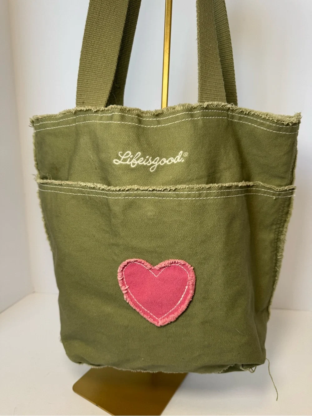 Life is Good Olive Canvas Frayed Heart Tote
